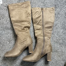 Tan Faux Suede Knee High Block Heel Boots Zip Up Taupe Brown Womens