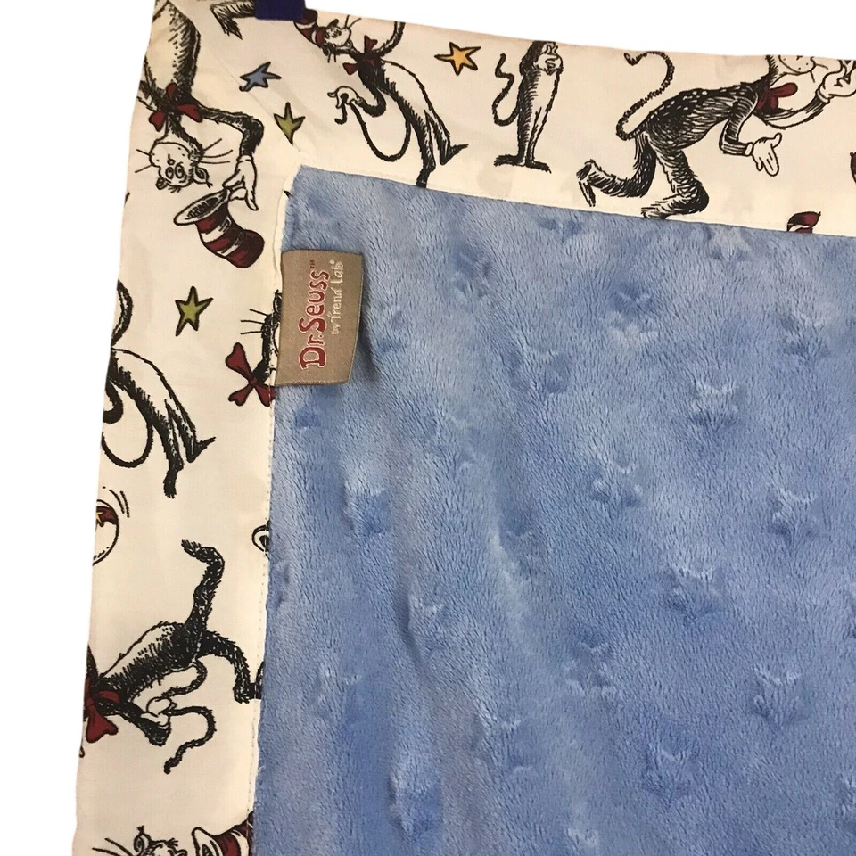 Trend Lab Dr Seuss Cat In The Hat Baby Blanket Blue Stars Minky Print Trim - Image 4 of 4