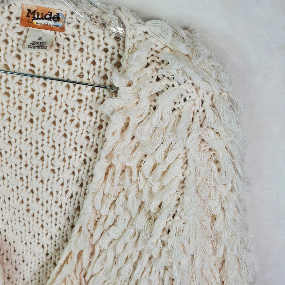 Cárdigan corto peludo crema Mudd suéter chaqueta mujer talla pequeña tejido boho Foto 2 de 4