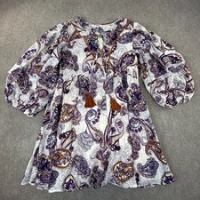 Band Of The Free Mini Dress Womens Large Cream Purple Paisley Boho Tassel Flowy