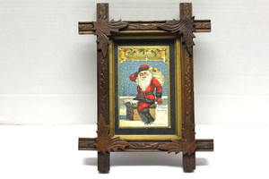 Antique Victorian Picture Photo Frame w/Santa Postcard & Leaves - 10.5" x 8.5"