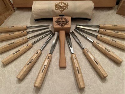 12 Gouge Carving Set W/ Mallet Case Hand Made Professionally Sharpened White Ash