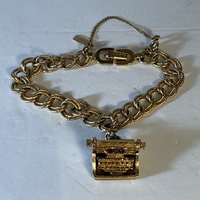 Typewriter MONET Curb Link Charm Bracelet Gold Tone Safety Chain Writer's Gift