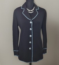 Vintage ST. JOHN EVENING Marie Gray Black Santana Knit Jacket 4 Blue Crystals