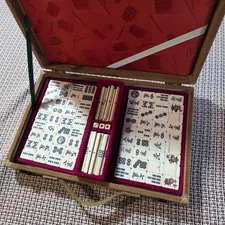 ​VINTAGE JAPANESE MAH JONG SET KAKINUMA Two-Tone White/Green Tiles Riichi Canvas