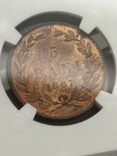 Romania 5 bani 1867 MS 63 RB, NGC copper UNC coin, Heaton, Carol I