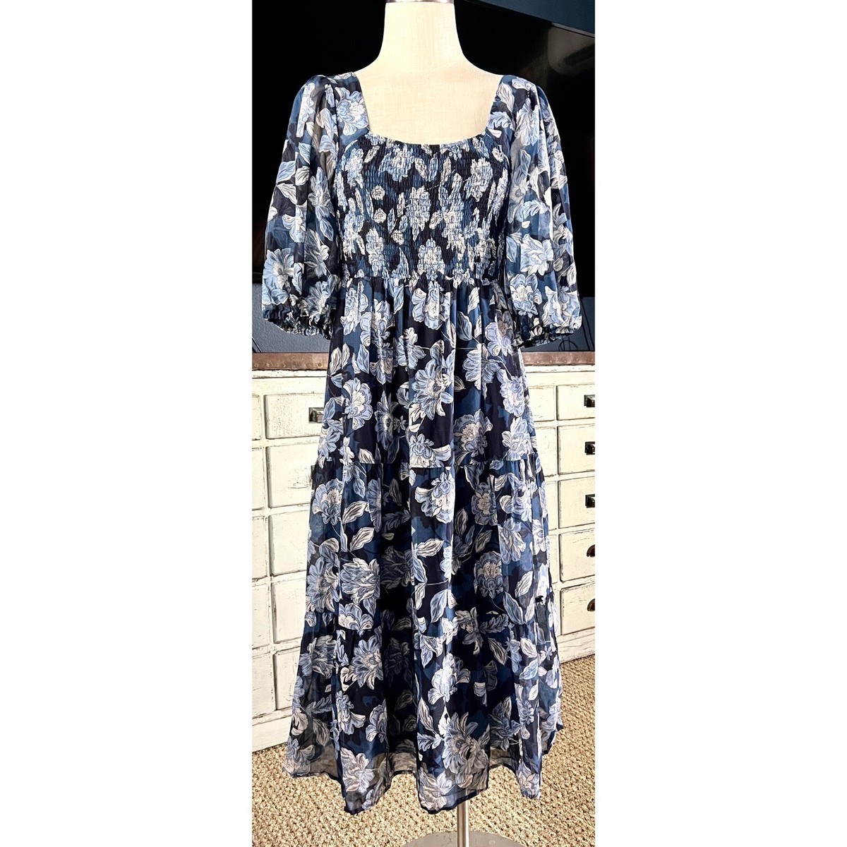 johnny was blue floral dress Johnny Was Aquaria Blue Floral Cotton Silk Long Dress Sundress S