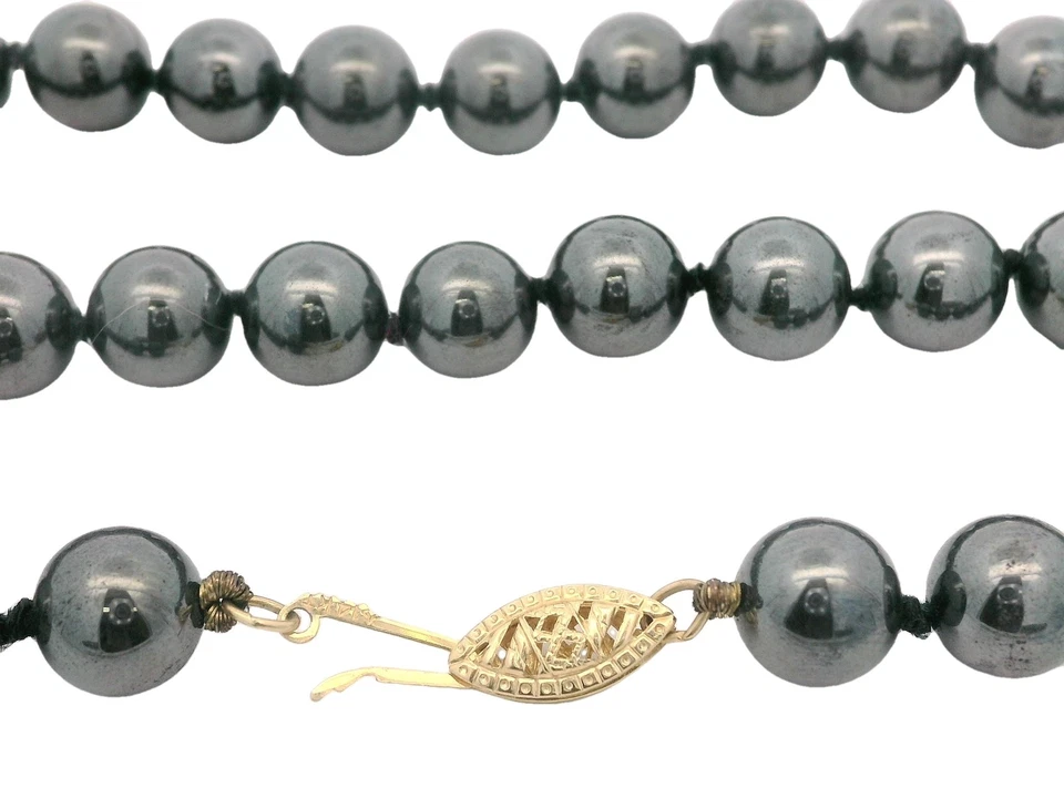 Vintage 32" Long Bead Ball Hematite Strand Necklace w/ 14k Yellow Gold Clasp - Image 4 of 4