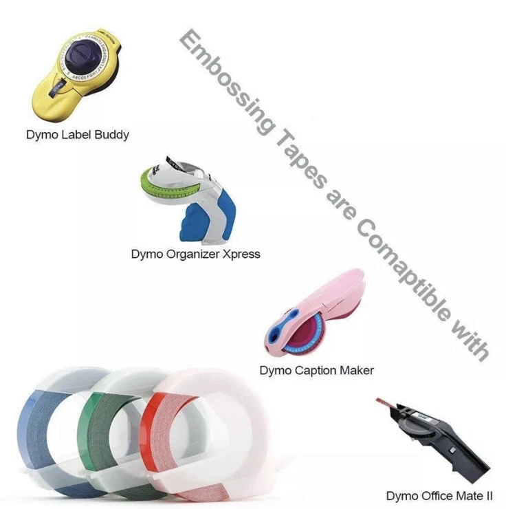 Paquete de 6 etiquetas de plástico en relieve 3D para fabricante de etiquetas DYMO A520106 blanco/azul 9 mm Foto 3 de 3