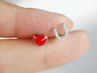 Silver Pave Cubic Zirconia Tiny Red Heart I Love U Stud Earring
