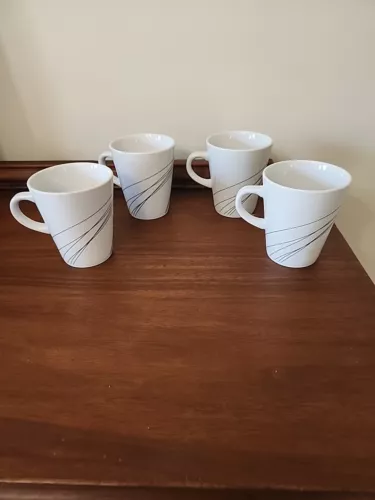 Mikasa Gourmet Basics Unraveled Set of 4 Mugs Embossed Black and White Lines cup