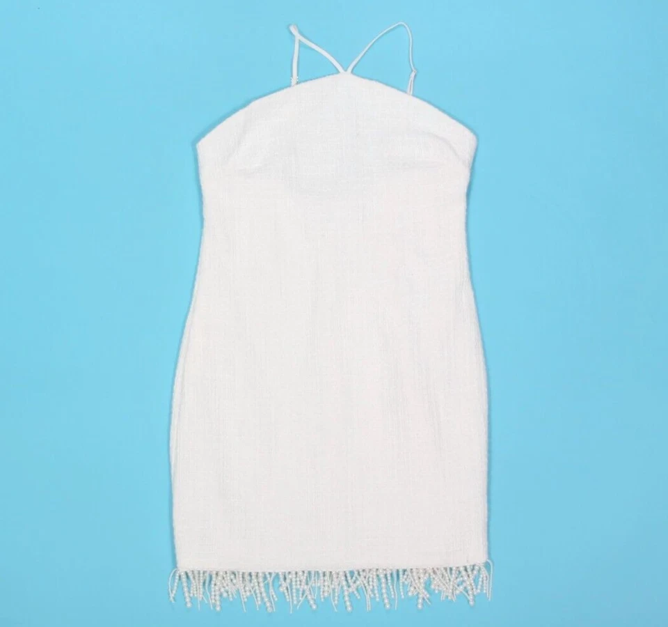 JASON WU Tweed Textured Knit Pearl Bead Fringe Bridal Mini Dress Ivory Sz M /498 - Image 2 of 4
