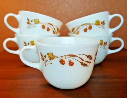 Pyrex Harvest Home Mugs Vintage Set of 5 Orange Wheat Flowers Round Coffee Cups