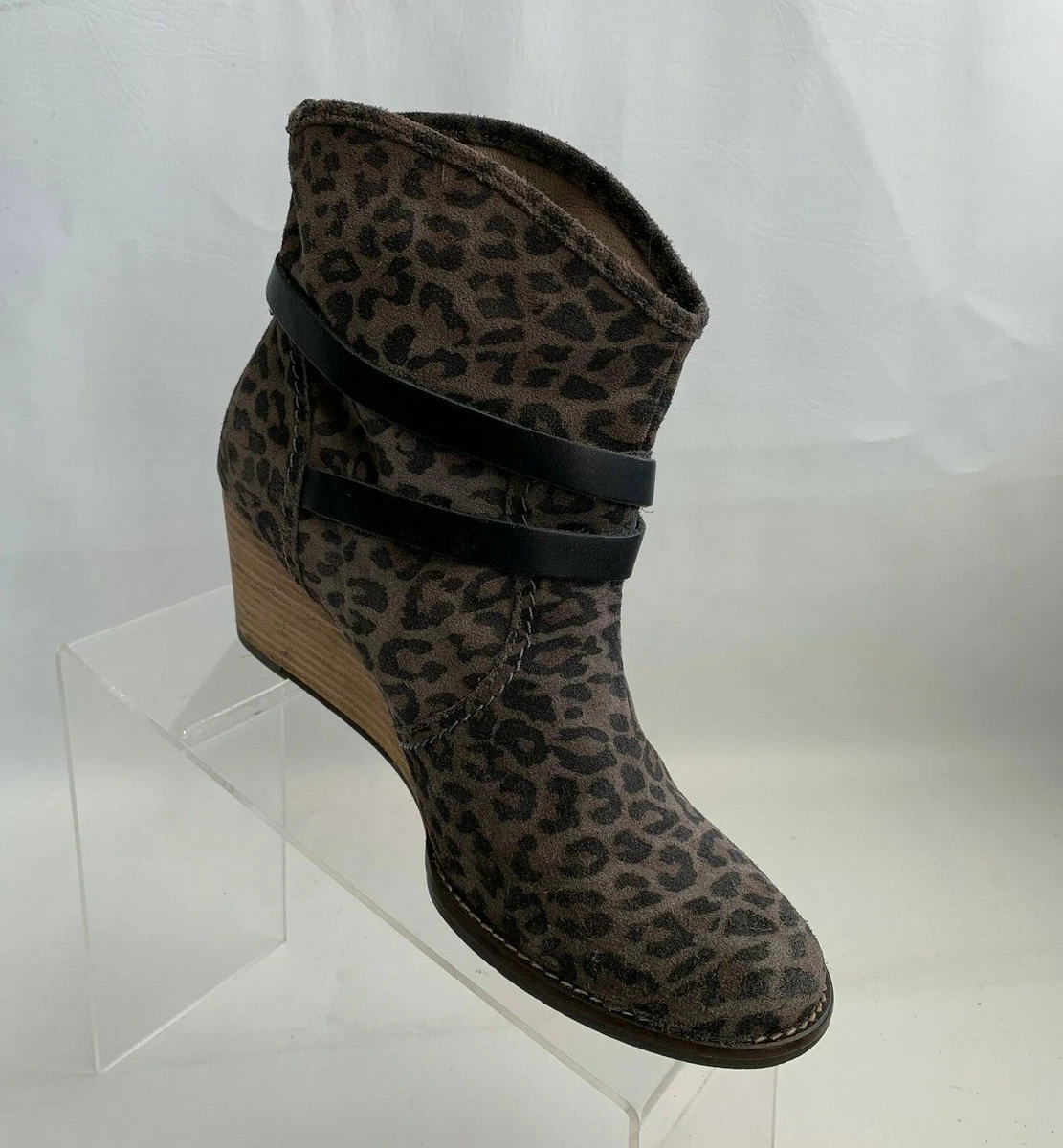Eric Michaels Ankle Boots Leather Leopard Print Wedge Slouch