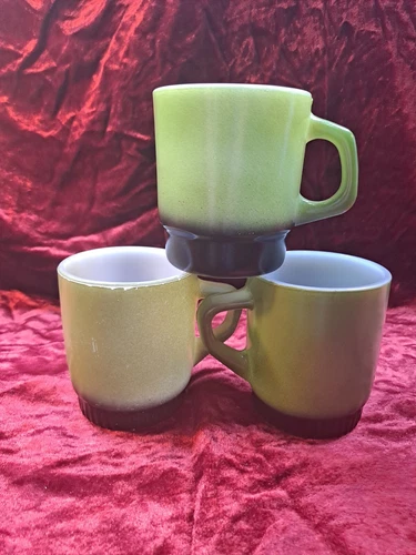 Set Of 3 Vintage Anchor Hocking Fire King Mugs, Green with Black (Brown) 