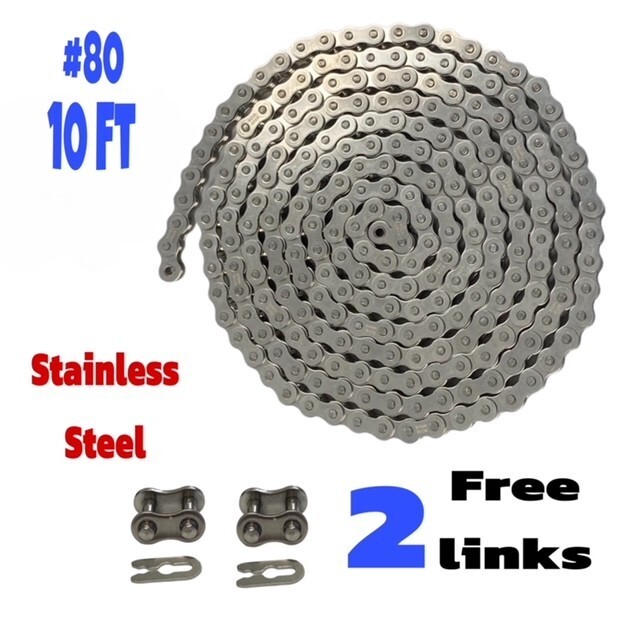 #80 SS Stainless Steel Roller Chain 10 Feet with 2 Connecting Links