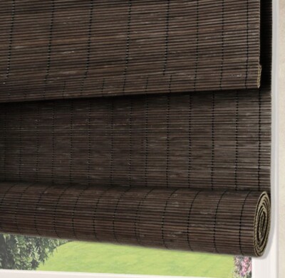 LANTIME Beige Cloth Lined Blackout Bamboo Roller Shade 72 W x 48 H Dark Brown