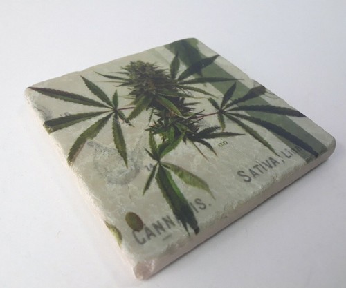 Studio Art Tile Coaster Cannabis Art Rustic Stoneware Green 4x4 - Picture 2 of 7