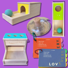 Lovevery Montessori Toy Lot 4 Toys 2 Play Guides Object Permanence Box Drop EUC
