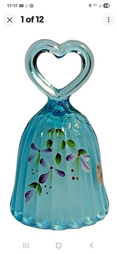 Fenton Bell with Heart Handle Rose flowers in blue