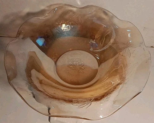 Vntg JEANNETTE IRIS & HERRINGBONE MERIGOLD CARNIVAL GLASS RUFFLED 10" Bowl