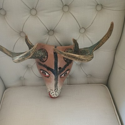 Mexican Hand Carved Wood Animal Mask with Horns, Ownership History Not Available
