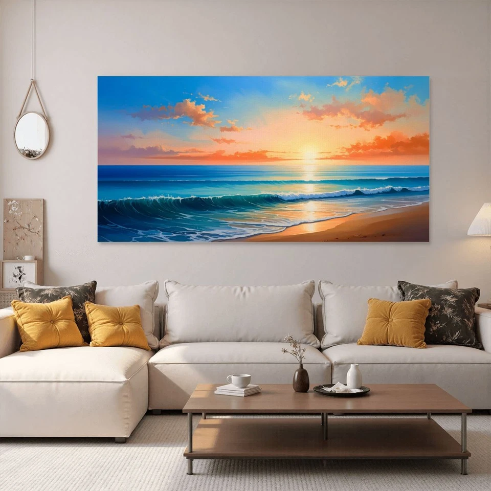 Arte de pared con impresión en lienzo de terracota puesta de sol 60x30 decoración minimalista del océano sin marco Foto 2 de 4