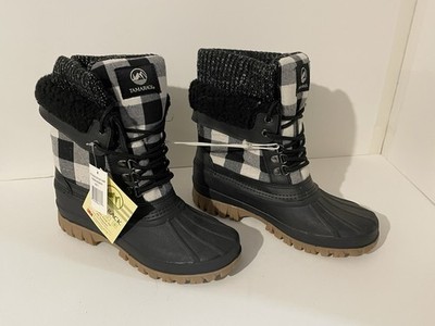 NWT Tamarack Women Size 7 Winter Boots Black & White Buffalo Plaid Fur Lined Mid
