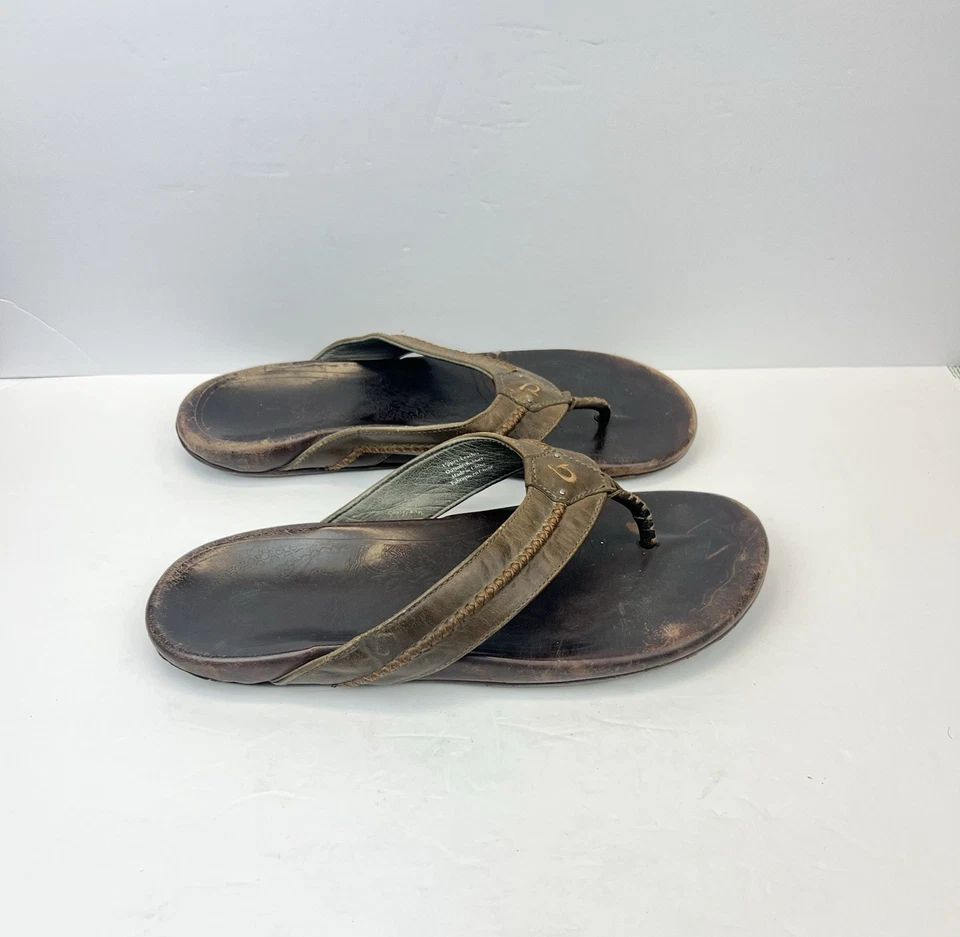 OLUKAI MEA OLA - Men's Slide Flip Flops Shoes Size 14 Brown Leather - Image 2 of 4
