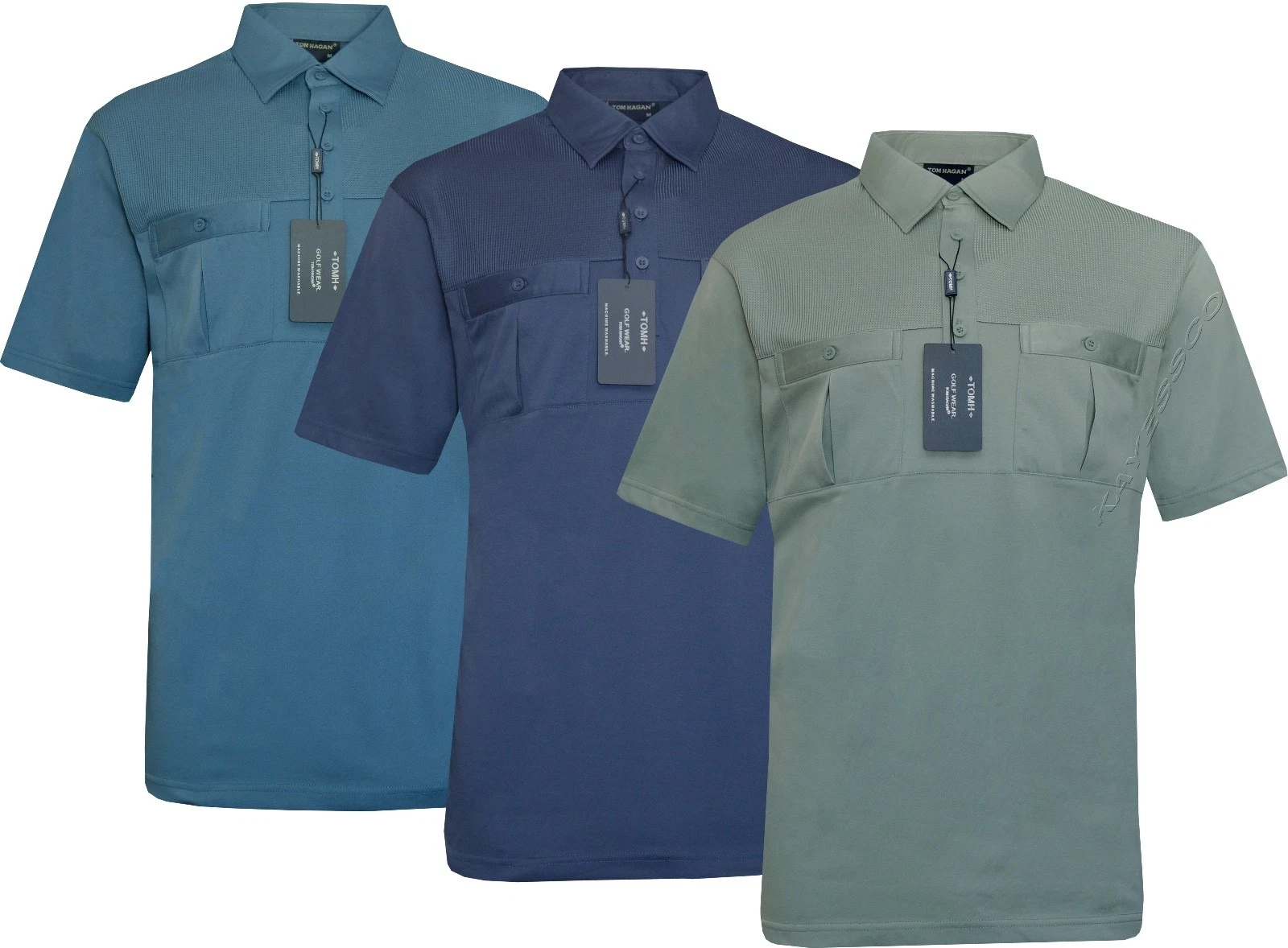 Mens Short Sleeve Double Pockets Golf Polo Shirt T-Shirt Top Casual By Tom Hagan