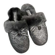 Michael Kors Women's Slippers Gray Glitter Faux Fur Bow Accent Comfy Size 5