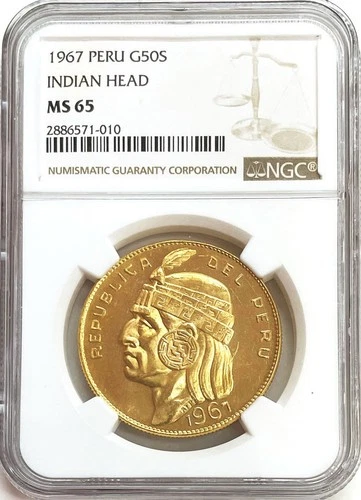 1967 GOLD PERU 50 SOLES INDIAN INCA HEAD COIN NGC MINT STATE 65