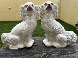 SUPERB PAIR: VERY LARGE 19thC STAFFORDSHIRE WHITE & GILT SPANIEL DOGS c1880s