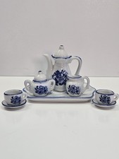 Vintage Andrea by Sadek 10 piece miniature doll tea set Blue White Floral