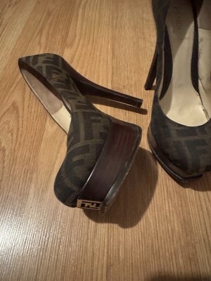 Fendi Women's Platform Stiletto Fabric Heels Brown Black Closed Toe Slip On