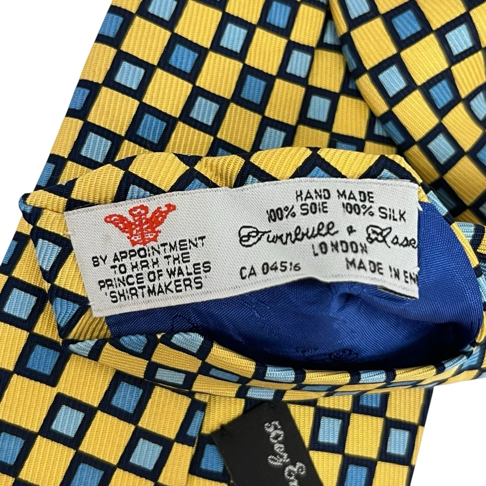Gravata Turnbull & Asser masculina amarela/azul geométrica quadrados sarja seda 3,75" x 59" - Imagem 2 de 4