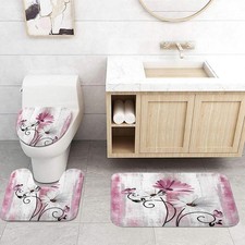 Rustic Farmhouse Bath Mat Set, Farm Pink Daisy Floral Flowers and Butterfly o...