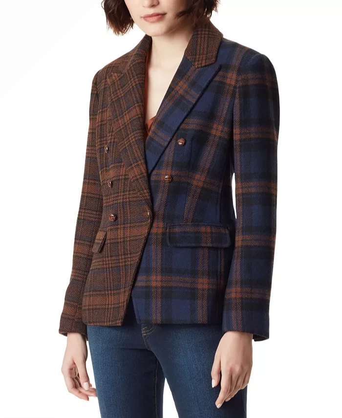 Sam Edelman Women s Imogen Double Breasted Blazer jacket Plaid blue brown M