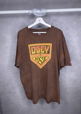 Obey Posse Vintage Brown Mens T Shirt Logo Size XL
