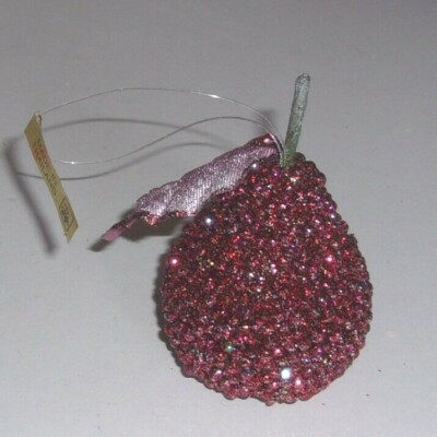 Vintage Sugar Beaded RED PEAR Ornament 2 3/4''  Fruit  