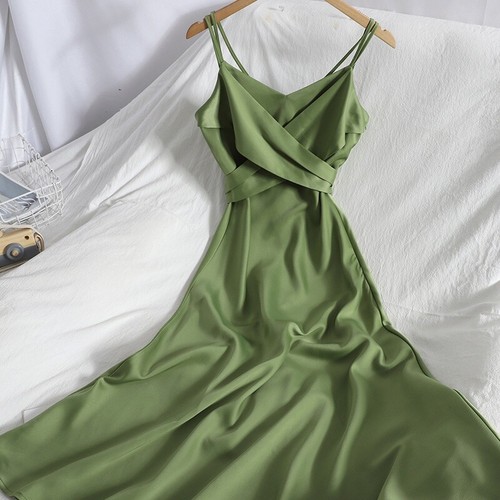 Ladies Satin Silk Midi Dress Cross Front Tie Waist Spaghetti Strap A-line Plain - Foto 7 di 17