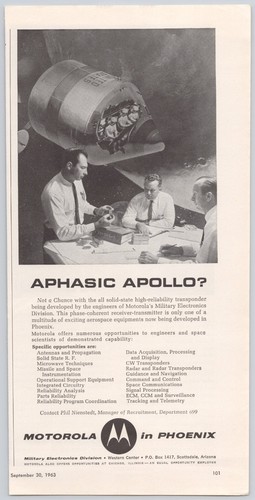 Motorola Apollo Space Electronics “Aphasic Apollo?” Space Program Print Ad 1963