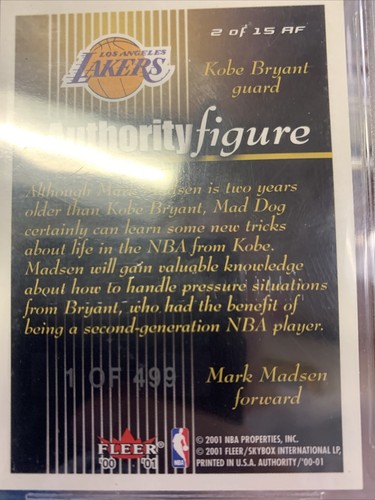 2000-01 Fleer Authority Figures #AF2 M.Madsen/Kobe Bryant No. 001/499 BGS 9 - Picture 4 of 5