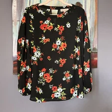 Philosophy Women's Sz M Long Sleeve Floral Blouse Black Polyester EUC