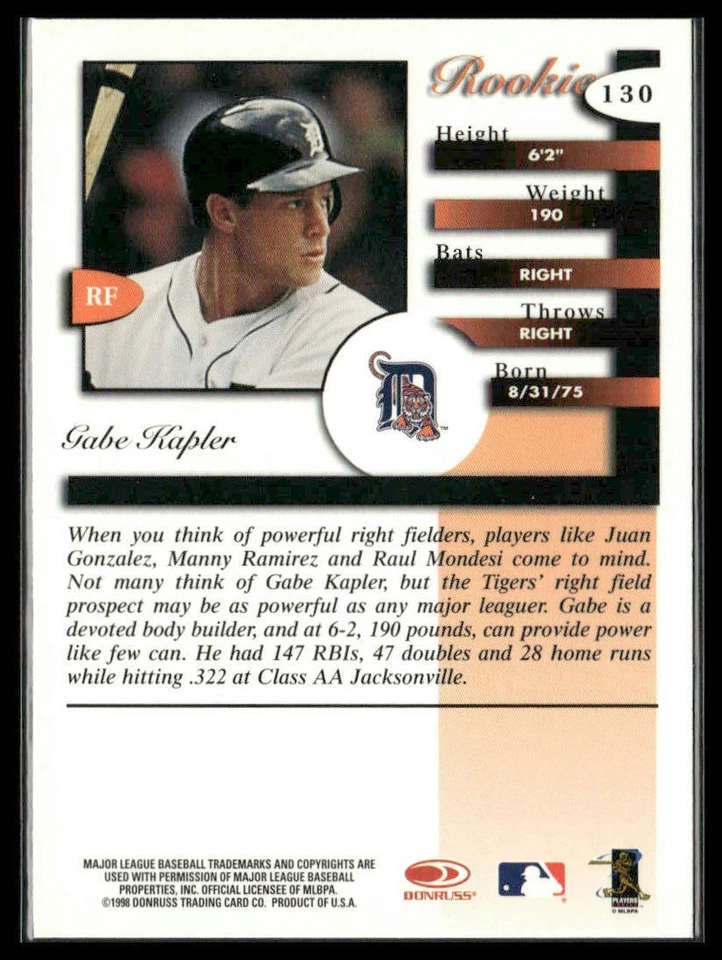 Gabe Kapler #130 Rookie 1998 Donruss Signature Detroit Tigers - Image 2 of 2
