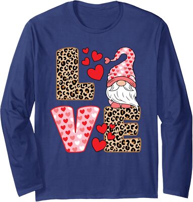 Valentines Day Cute Love Heart Gnome Leopard Cheetah Long Sleeve Tshirt