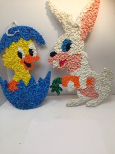 Pair 2 Vintage Melted Plastic Popcorn Easter Decorations Duckling