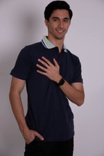 Men's Short Sleeve Cotton Button Polo Pique Shirt Navy