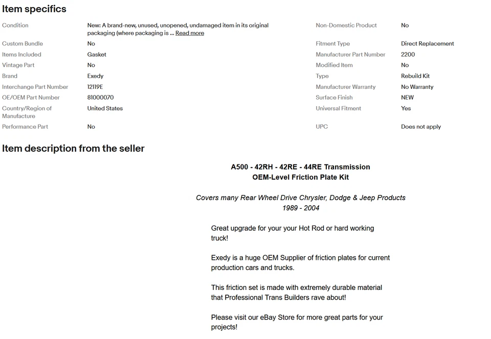 Kit completo de placa de fricción de reconstrucción de transmisión A500 42RE 1989-04 Exedy Foto 3 de 3