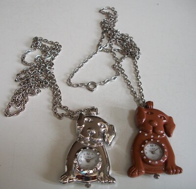 Women's, Girl's Silver Finish & Brown DOG Fashion Necklace Watch & Chain